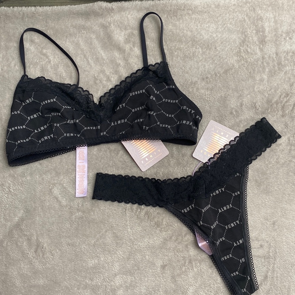 Savage X Fenty black logo lace trim bralette & thong size Medium